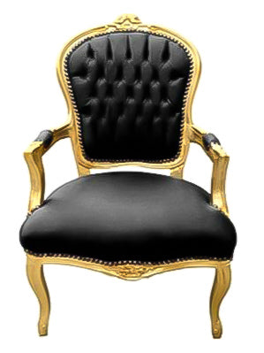 Baroque Louis XV Arm Chair Black leather on gold with nailheads