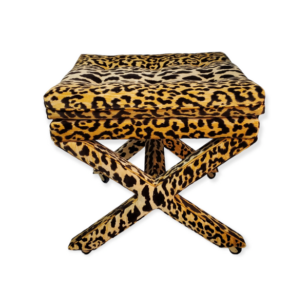 Leopard print upholstered bench with x base