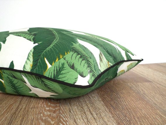 Isla Palm Print Throw Pillow - Green & White Fabric with Black Piping - Various Sizes