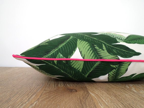 Isla Palm Print Throw Pillow - Green & White Fabric with Pink Piping - Various Sizes
