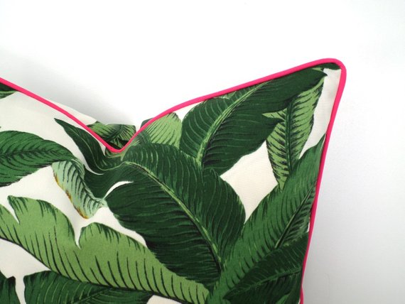 Isla Palm Print Throw Pillow - Green & White Fabric with Pink Piping - Various Sizes