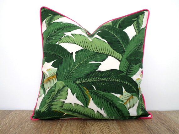 Isla Palm Print Throw Pillow - Green & White Fabric with Pink Piping - Various Sizes