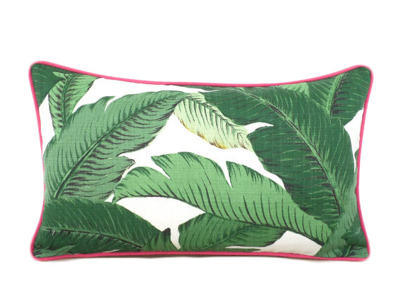 Isla Palm Print Throw Pillow - Green & White Fabric with Pink Piping - Various Sizes