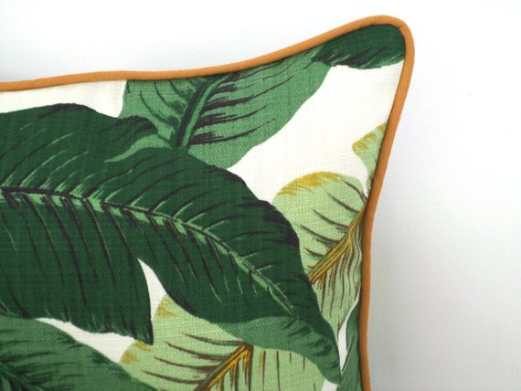 Isla Palm Print Throw Pillow - Green & White Fabric with Tan Piping - Various Sizes