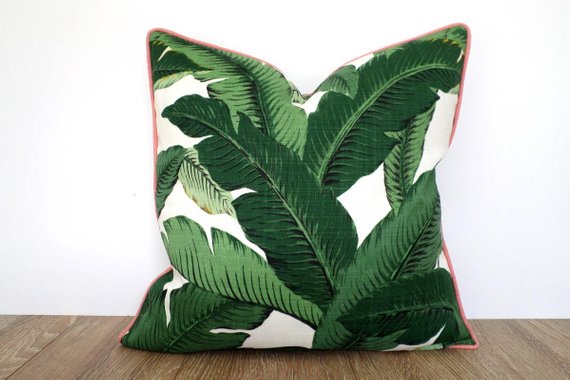 Isla Palm Print Throw Pillow - Green & White Fabric with Tan Piping - Various Sizes
