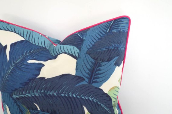 Isla Palm Print Throw Pillow - Blue & White with Pink Piping - Various Sizes