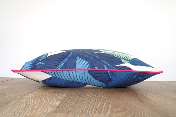 Isla Palm Print Throw Pillow - Blue & White with Pink Piping - Various Sizes