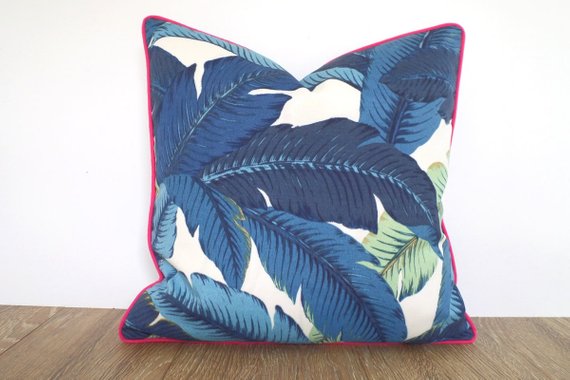 Isla Palm Print Throw Pillow - Blue & White with Pink Piping - Various Sizes
