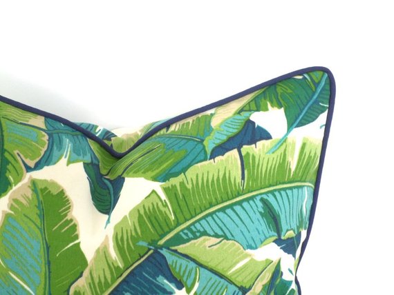Isla Palm Print Throw Pillow - Aqua, Blue & White Fabric  - Navy Piping - Various Sizes
