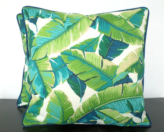 Isla Palm Print Throw Pillow - Aqua, Blue & White Fabric  - Navy Piping - Various Sizes