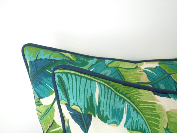 Isla Palm Print Throw Pillow - Aqua, Blue & White Fabric  - Navy Piping - Various Sizes