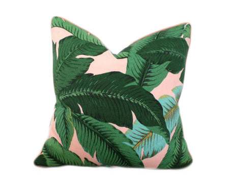 Isla Palm Print Throw Pillow - Green & Pink Fabric  - Pink Piping - Various Sizes