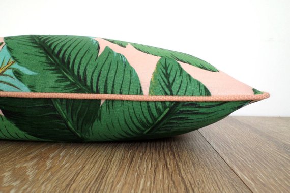 Isla Palm Print Throw Pillow - Green & Pink Fabric  - Pink Piping - Various Sizes