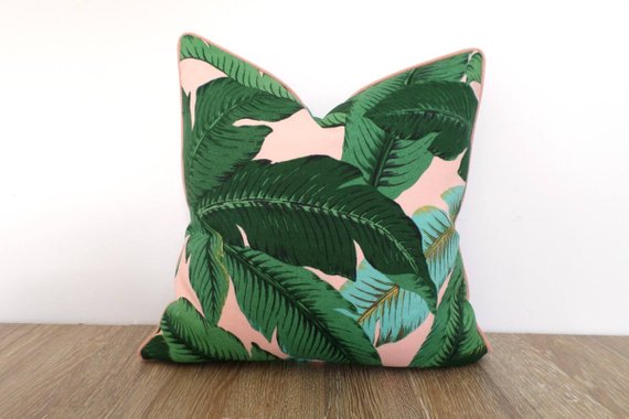 Isla Palm Print Throw Pillow - Green & Pink Fabric  - Pink Piping - Various Sizes