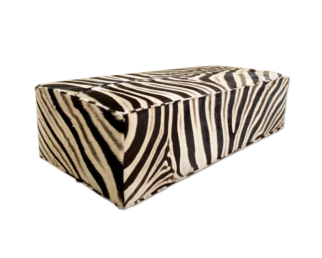 Zebra printed leather hair on hide rectangular ottoman