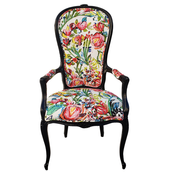 Antique High Back French Chair - Floral on Black