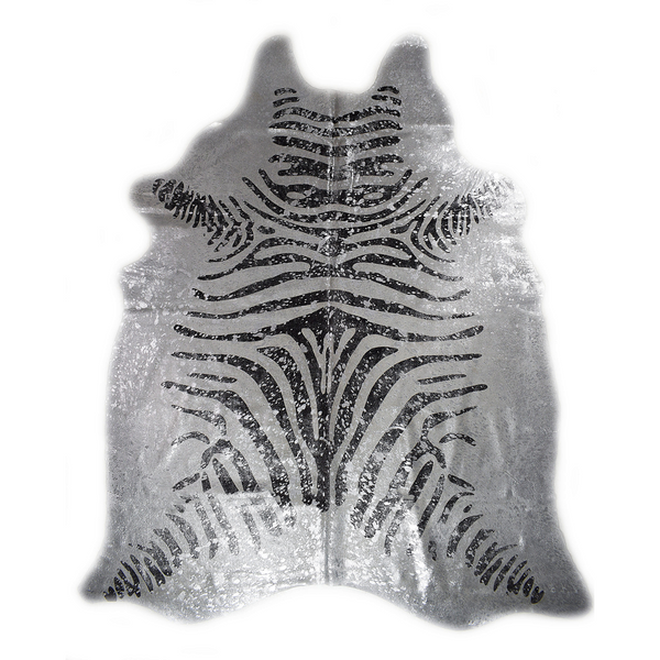 Designer Acid Washed Hide Rug - Silver on Black and White Zebra