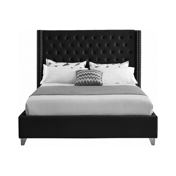 Wing velvet tufted bed with nailheads in black fabric