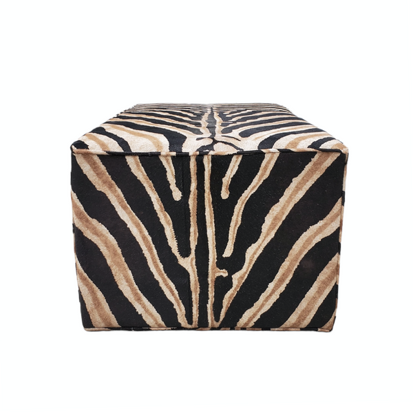 Zebra printed leather hair on hide rectangular ottoman