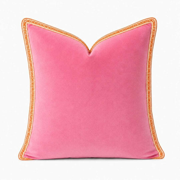 Hot Pink Velvet Pillow with Orange Embroidered Trim