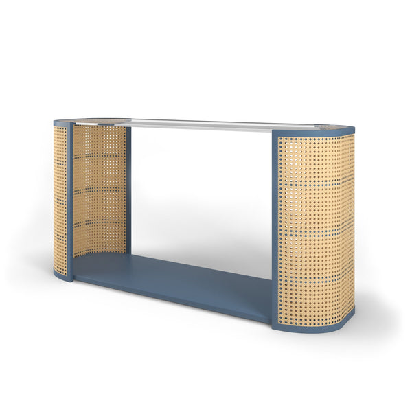 MAGGIE CRUZ RATTAN AND GLASS LOLA CONSOLE TABLE NEWBERRYPORT BLUE