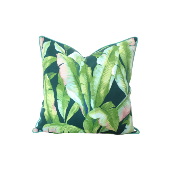 Banana Palm Print Throw Pillow Green  navy and aqua