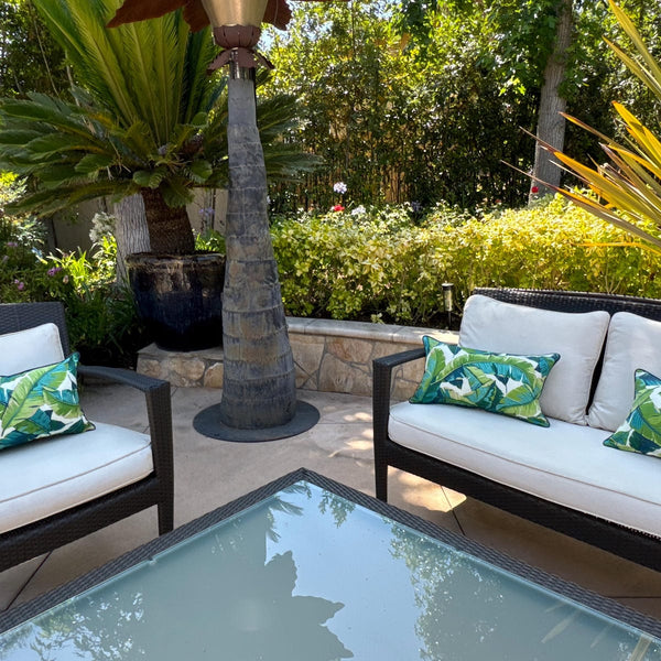 Isla Palm Print Throw Pillow - Aqua, Blue & White Fabric  - Navy Piping - Various Sizes