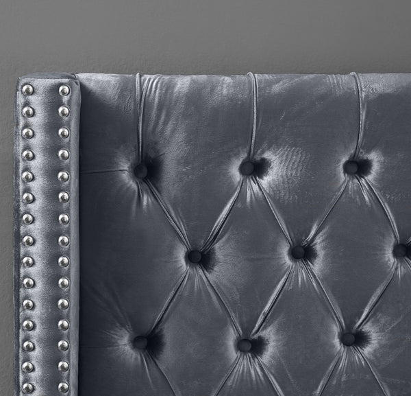 Gray velvet upholstered bed tufted headboard