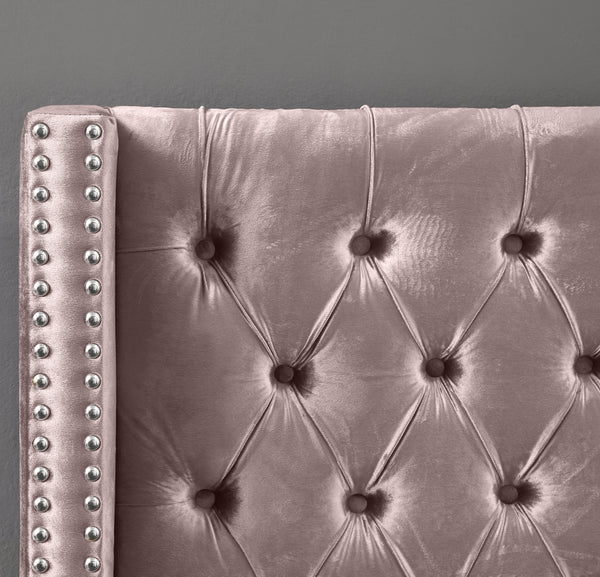 Wing tufted bed blush pink velvet with silver nailheads