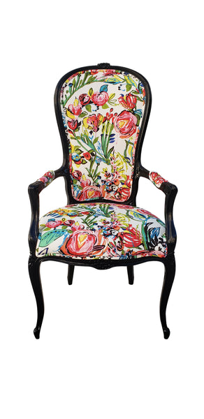 Antique High Back French Chair - Floral on Black