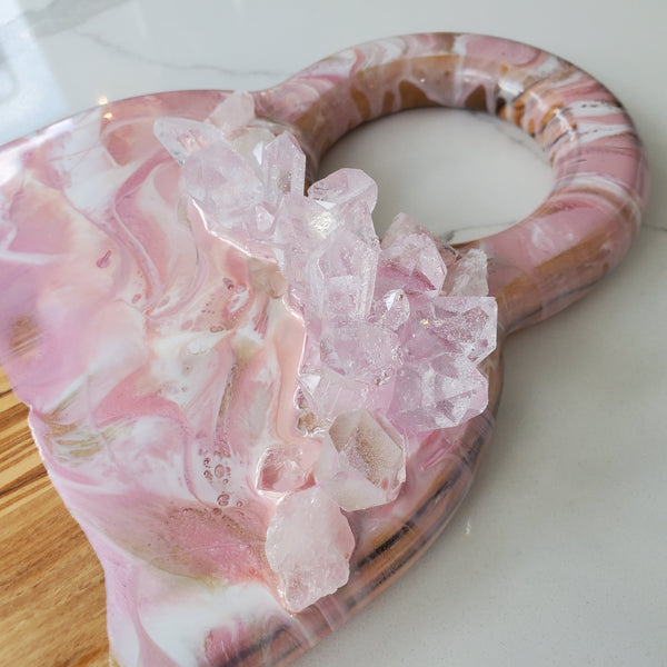 Blush pink gold and white resin and crystal cutting board