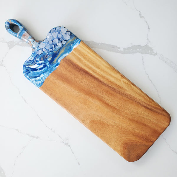 Blue white and gold art resin and crystal charcuterie board