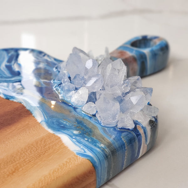 Blue white gold art resin cutting board with crystals