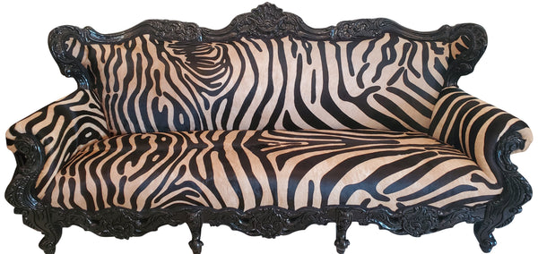 Antique Baroque Carved Sofa with Zebra Stamped Leather Upholstery