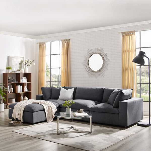 On a cloud sectional sofa in grey linen fabric