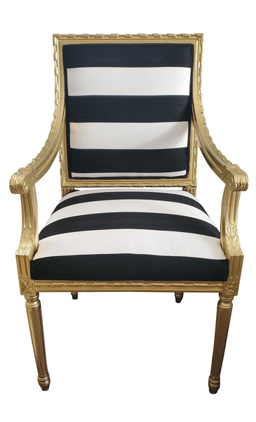 French Louis Chair - Black and White Stripe on Gold