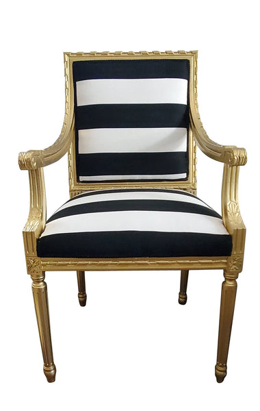 French Louis Chair - Black and White Stripe on Gold