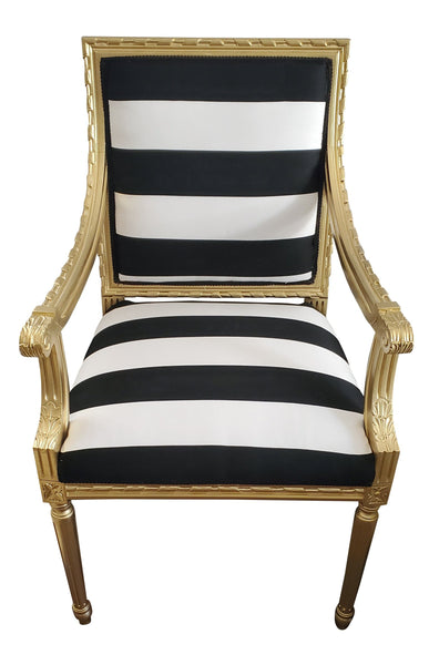 French Louis Chair - Black and White Stripe on Gold
