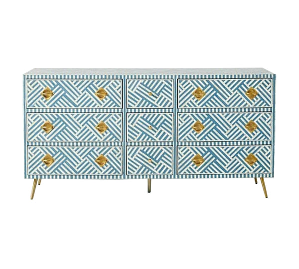 Bone Inlay 9 Drawer Dresser  - Blue and White