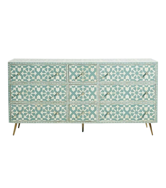 Bone Inlay 9 Drawer Dresser  - Green and White