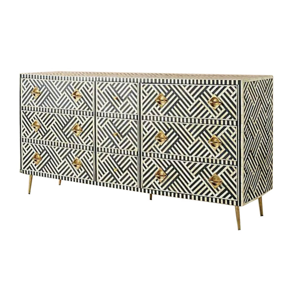 Bone Inlay 9 Drawer Dresser  - Black and White