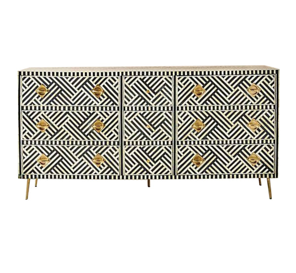Bone Inlay 9 Drawer Dresser  - Black and White