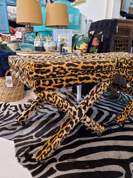 Leopard stool x base with castors in jaguar velvet