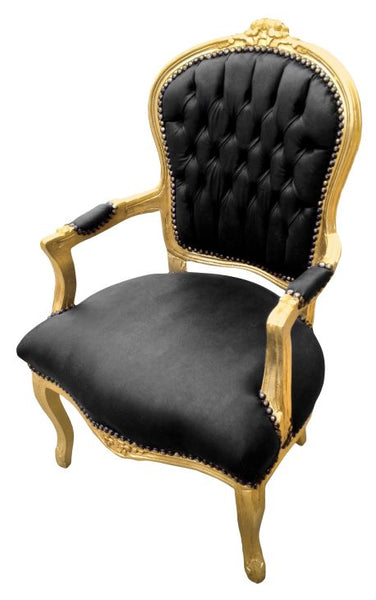 Baroque Louis XV Arm Chair Black leather on gold with nailheads