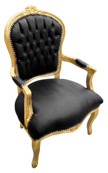 Baroque Louis XV Arm Chair Black leather on gold with nailheads