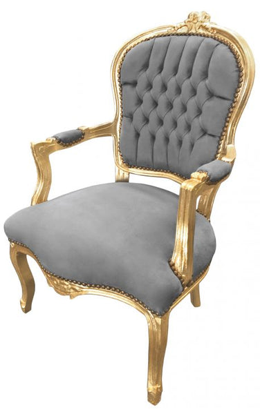 Baroque Armchair - Grey Velvet on Gold