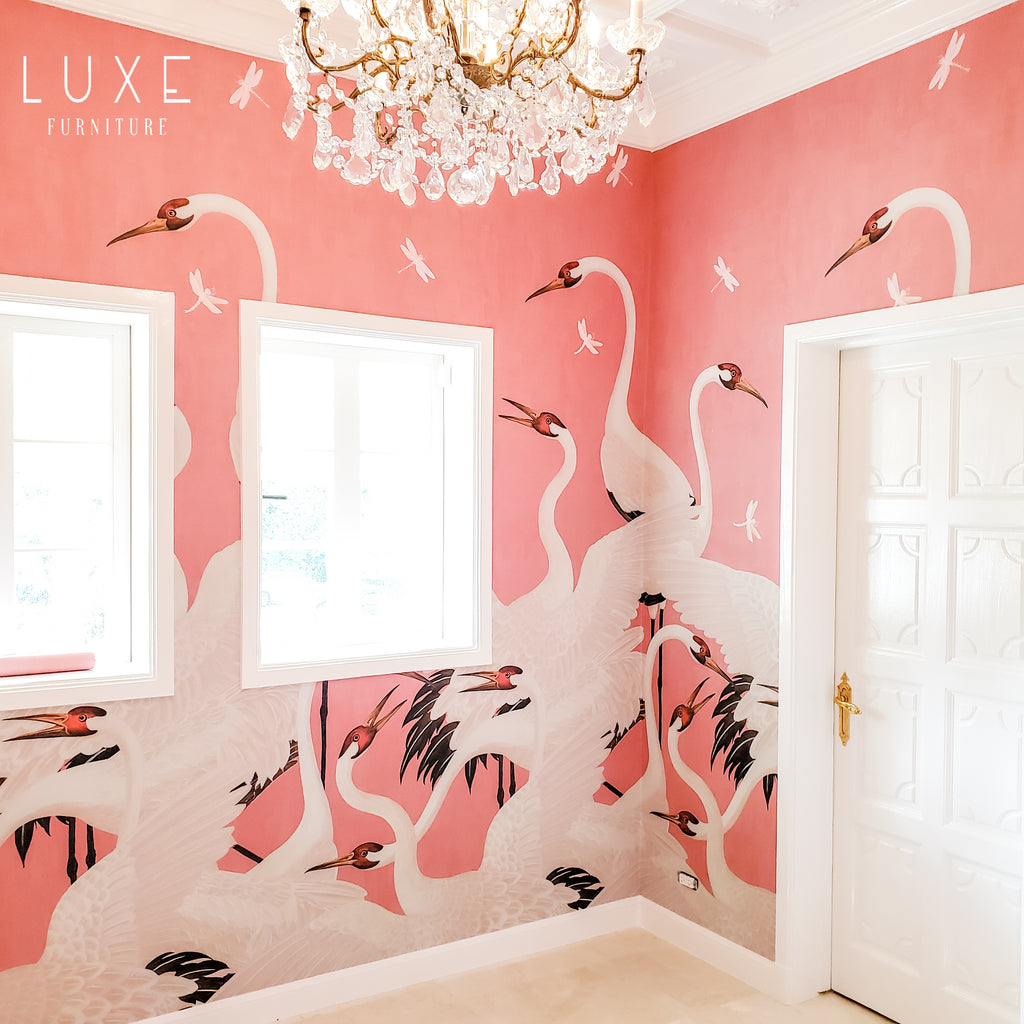 GUCCI Heron Print Wallpaper in Pink installed in Palm Beach by Leslie Wiles