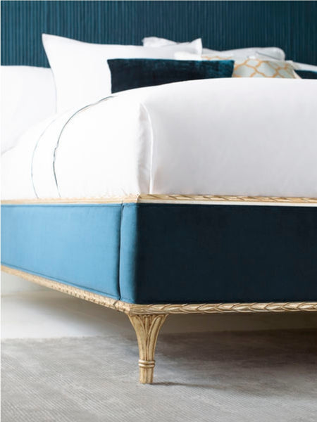 The Rococo Bed by Luxe Furniture in Teal Velvet upholstery with Brass 