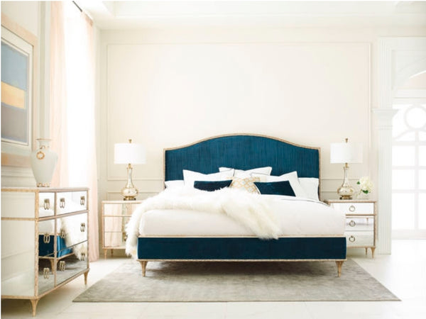 Teal amd brass upholsyered bed by Luxe Furniture