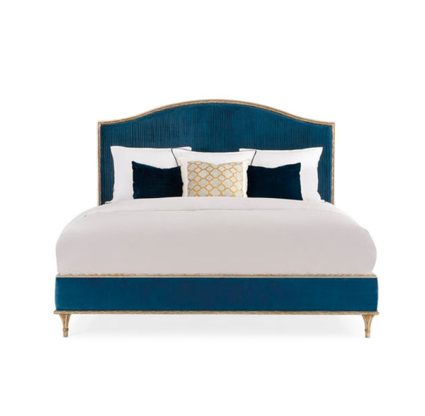 The Rococo Bed by Luxe Furniture in Teal Velvet Upholstery with brass details